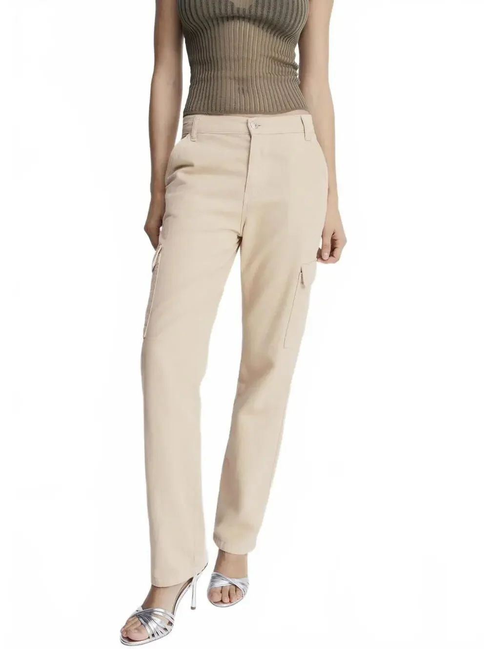 Mango Boyfriend Pocket Cargo Jeans Pants NWT Ecru Beige Size 2 US / 34 EUR